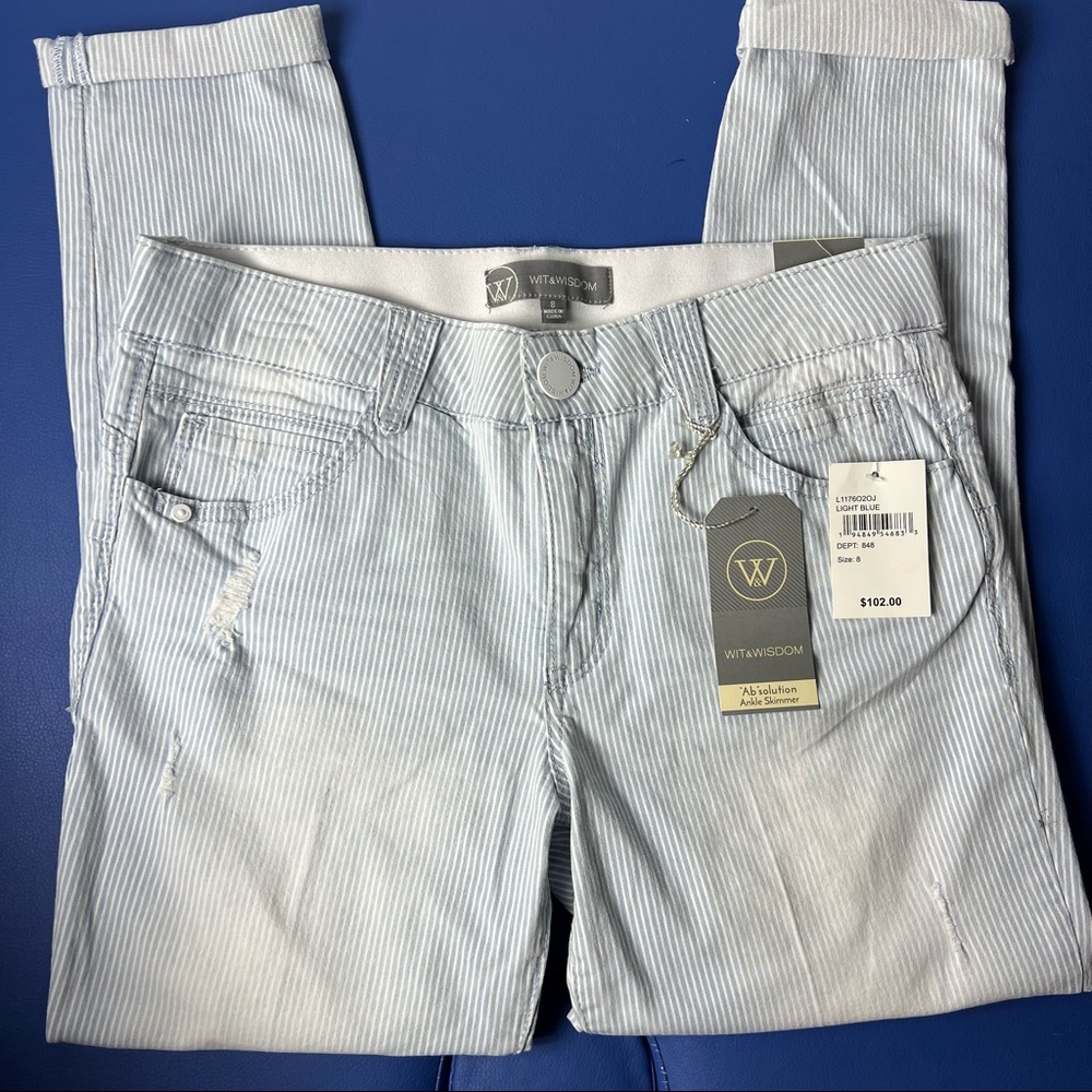 Wit & Wisdom Light Blue Stripped Distressed Ankle Skimmers Ab Solutions Pants - Picture 4 of 16